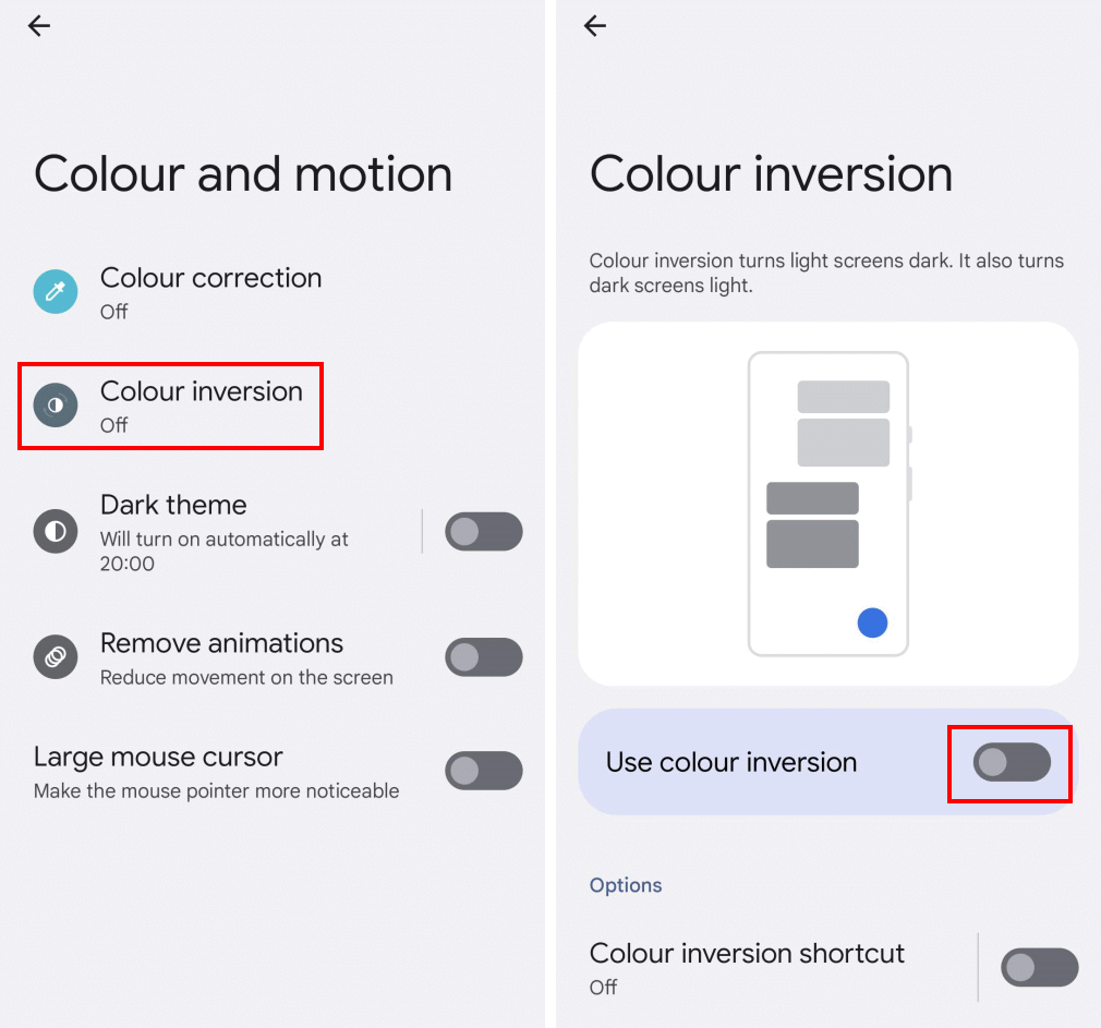 Tap Colour inversion then tap the toggle switch for Use colour inversion